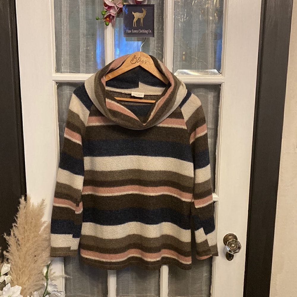 143 Story by Line Up Soft High Turtle Neck/Cowl Neck Striped Sweater